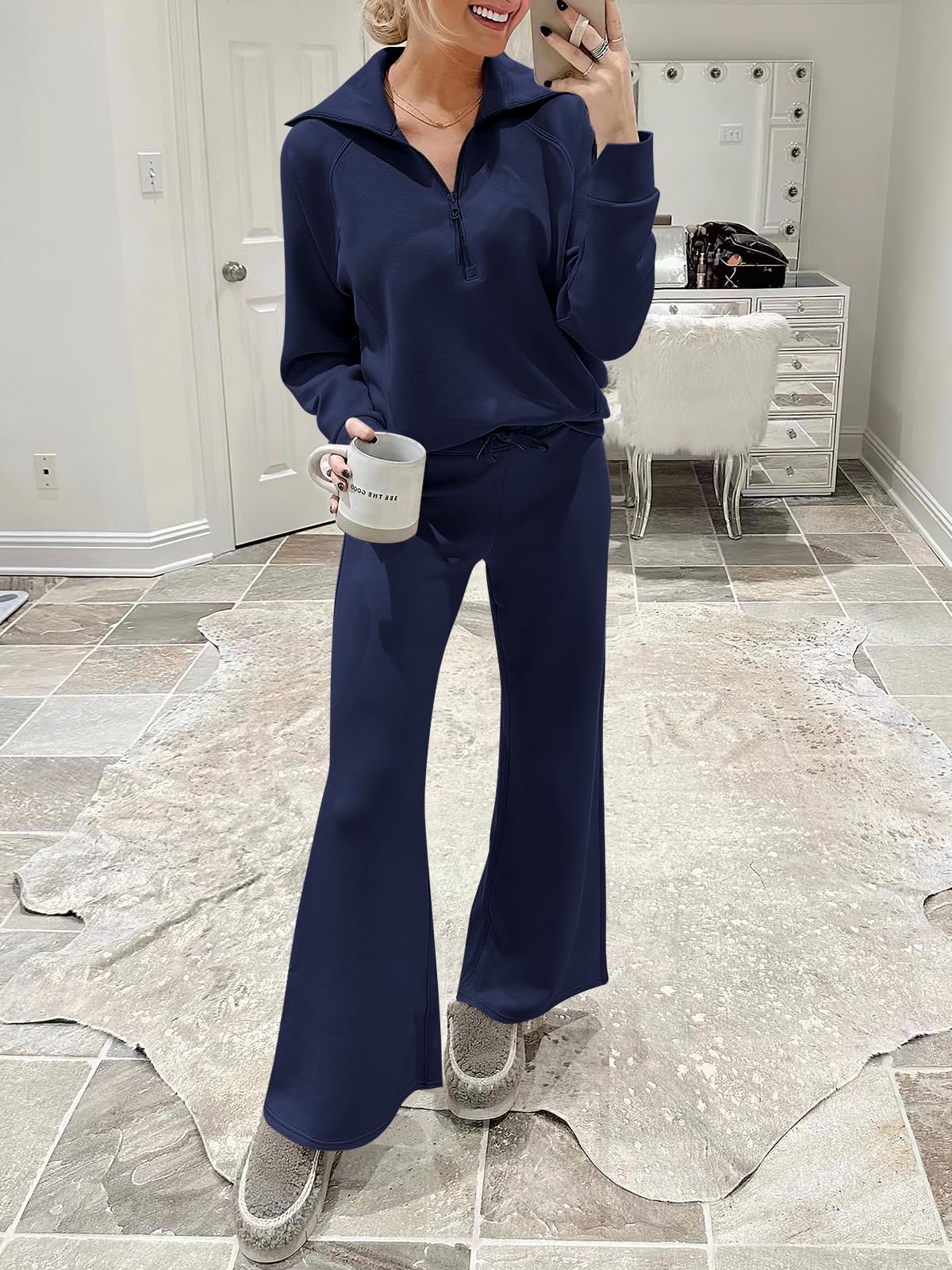 ANRABESS Women 2 Piece Outfits Sweatsuit Oversized Sweatshirt Sweatpants Tracksuit Sweat Lounge Matching Set 2024 Fall Trendy Navy Blue Medium