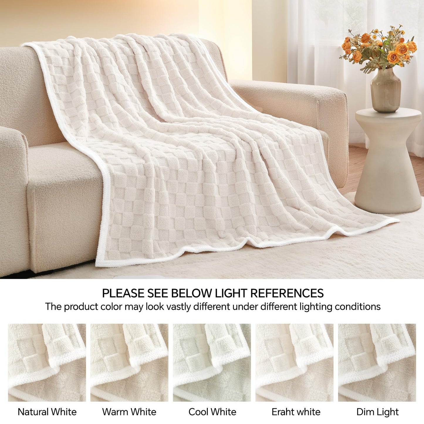 BEDELITE Super Soft Throw Blanket for Couch and Bed, Lightweight Cozy Fluffy Decorative 3D Checkered Blanket, Warm and Fuzzy Fleece Blanket for Camping, Travel(Cream, 50"x60")