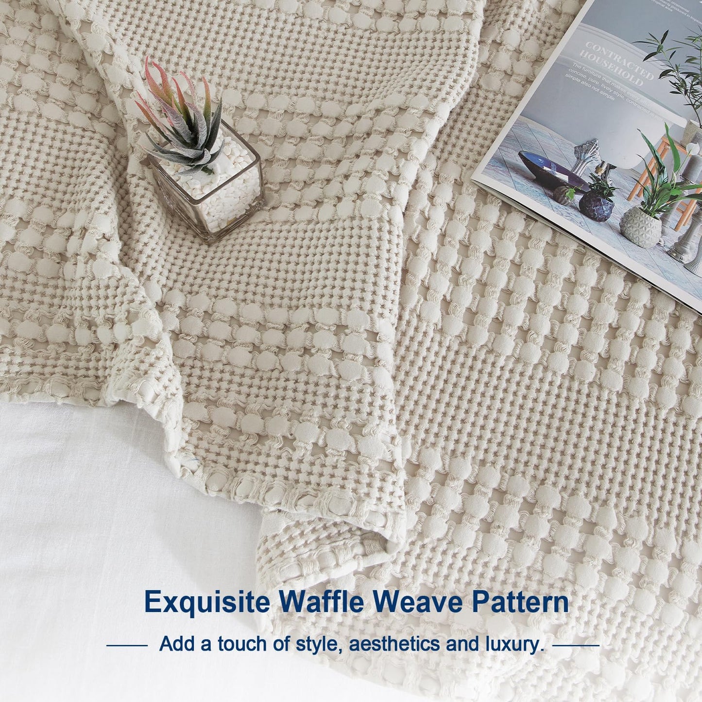 PHF 100% Cotton Waffle Weave Throw Blanket - Lightweight Washed Cotton Throw Blanket for Spring & Summer - 50"x60" Aesthetic Breathable and Skin-Friendly Blanket for Room Decor & Office - Oatmeal