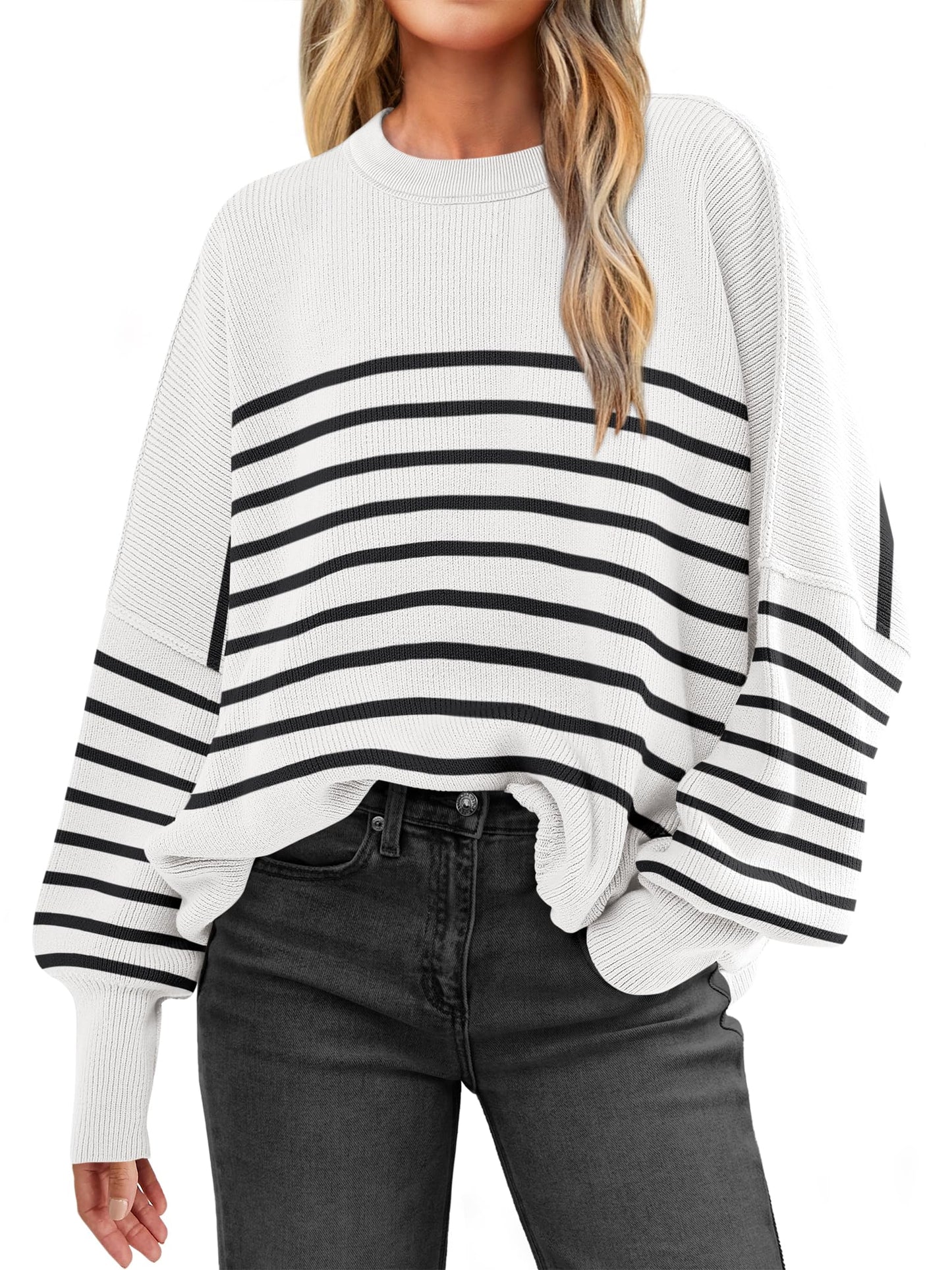 ANRABESS Womens Oversized Sweaters Fall 2024 Fashion Crewneck Batwing Long Sleeve Side Slit Knit Pullover Sweater Tops Stripe Black-M