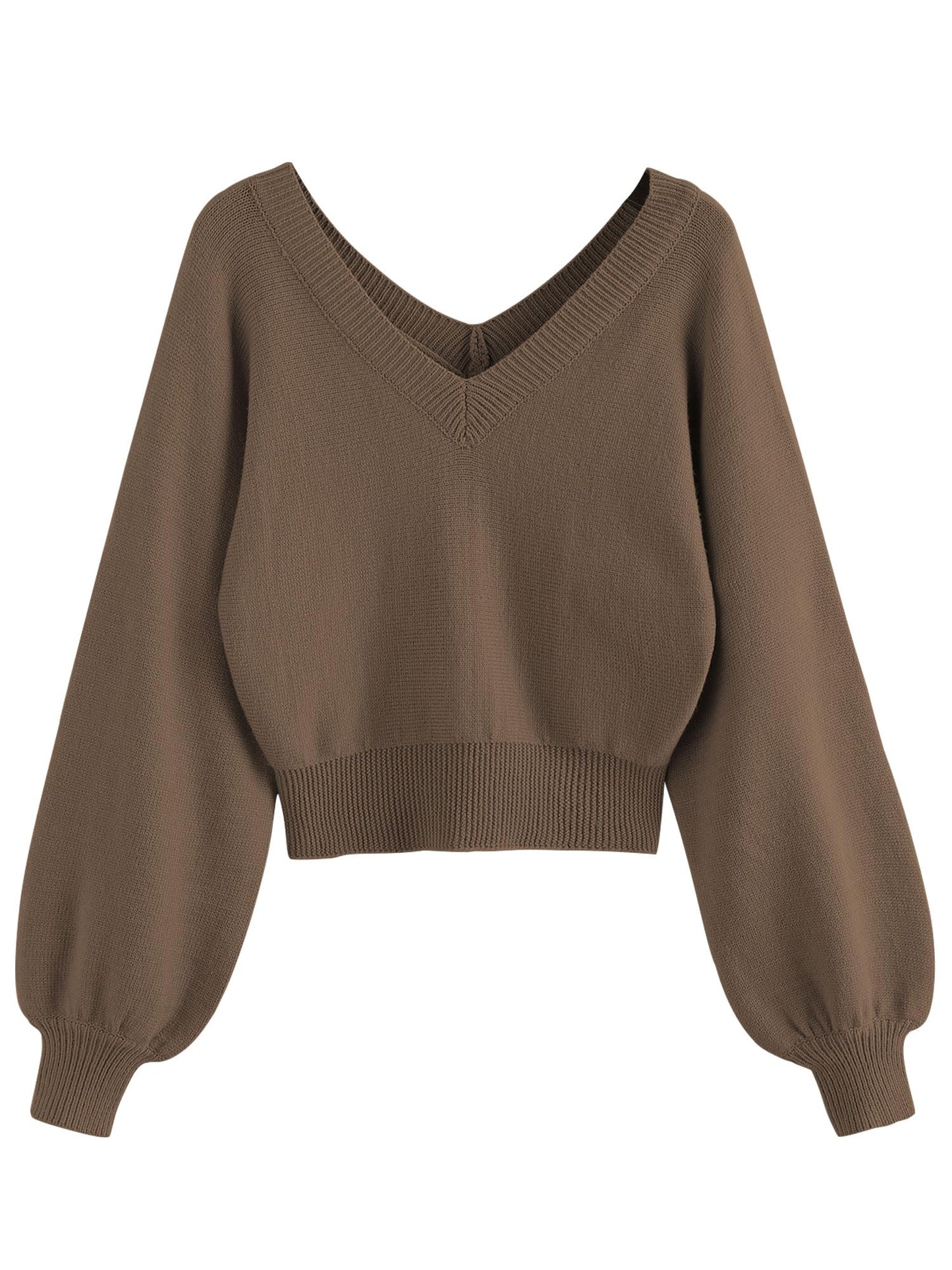 ZAFUL Women's Cropped Sweater V-Neck Long Sleeve Crop Sweater Pullover Jumper Knit Top (1-Light Coffee, M)