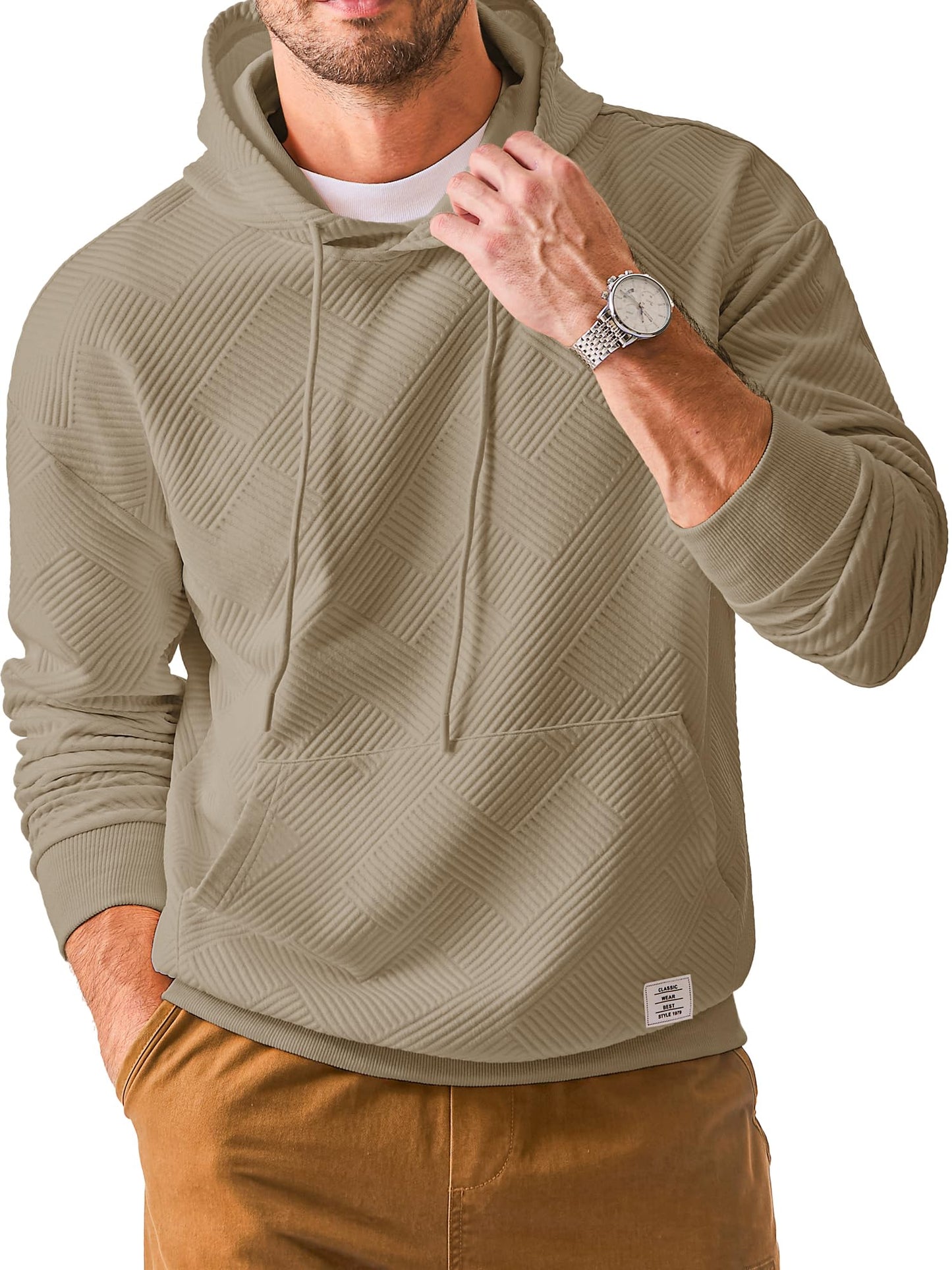 JMIERR Men's Lightweight Pullover Shirts Casual Regular Fit Geometric Texture Long Sleeve Hoodies Pullovers Sweater Jackets with Pockets, L, Light Brown