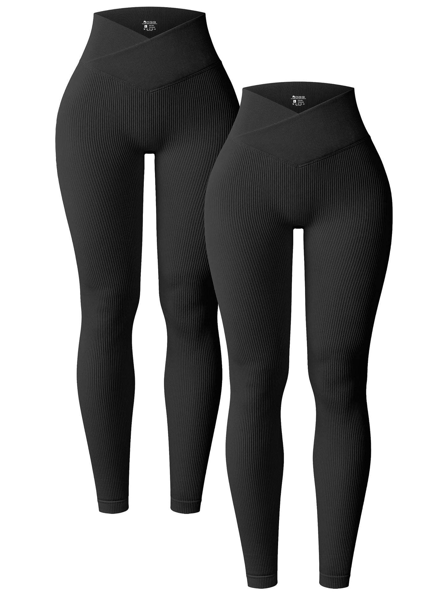 OQQ Women's 2 Piece Yoga Leggings Ribbed Seamless Workout High Waist Cross Over Athletic Exercise Leggings Black Black