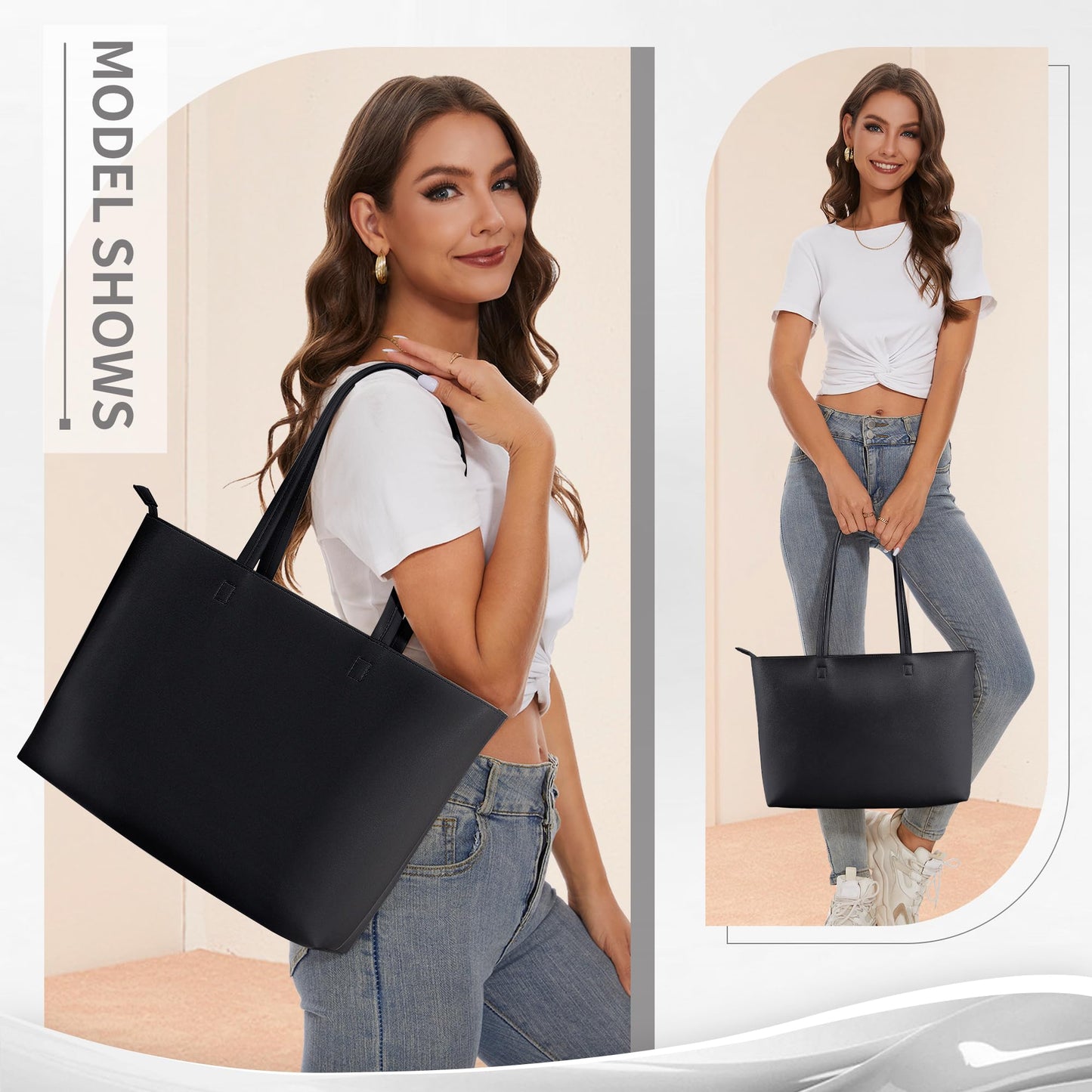 KALIDI Tote Bag Zipper Shoulder Bag Faux Leather Purses for Women Large Casual Handbag Work Dating College, Black