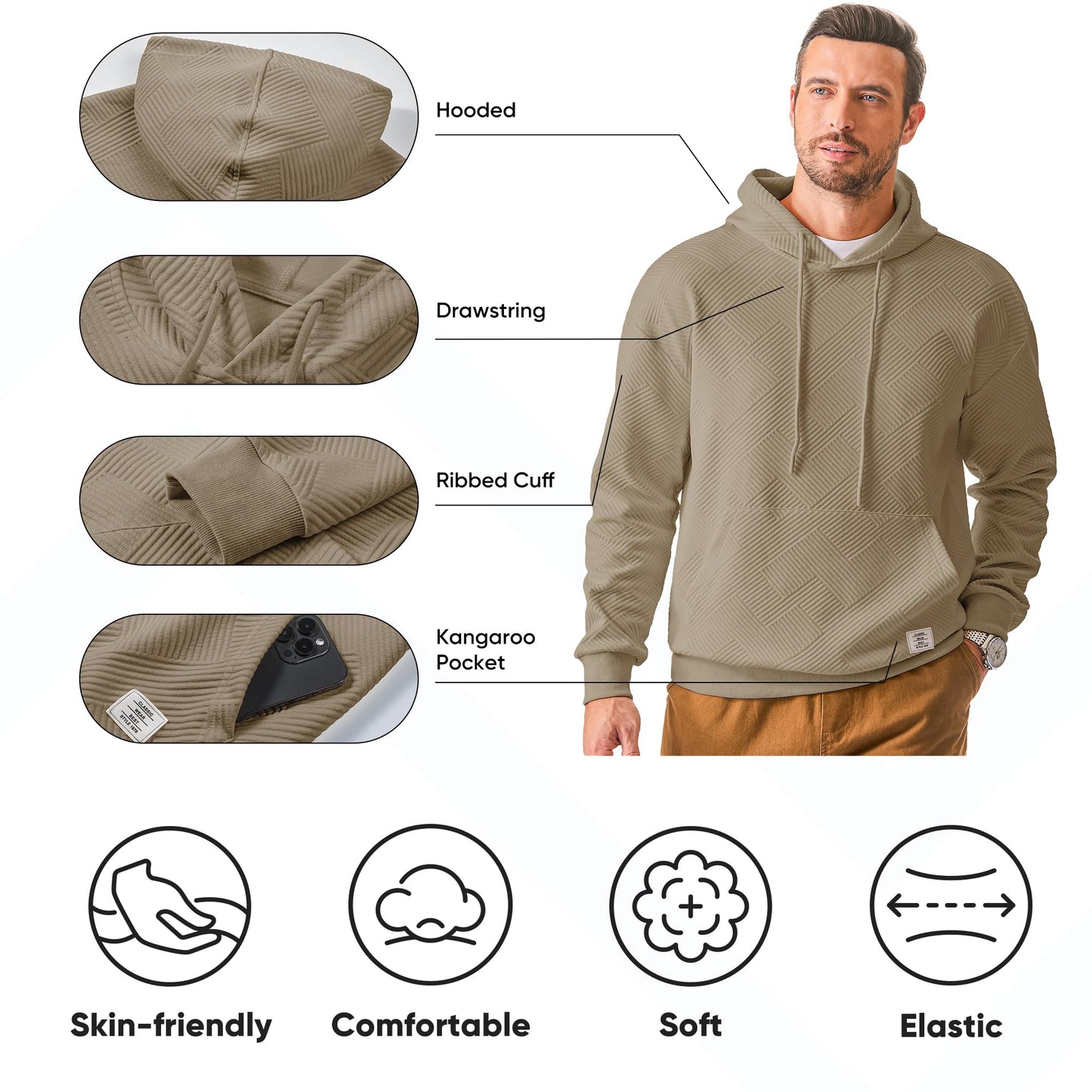 JMIERR Men's Lightweight Pullover Shirts Casual Regular Fit Geometric Texture Long Sleeve Hoodies Pullovers Sweater Jackets with Pockets, L, Light Brown