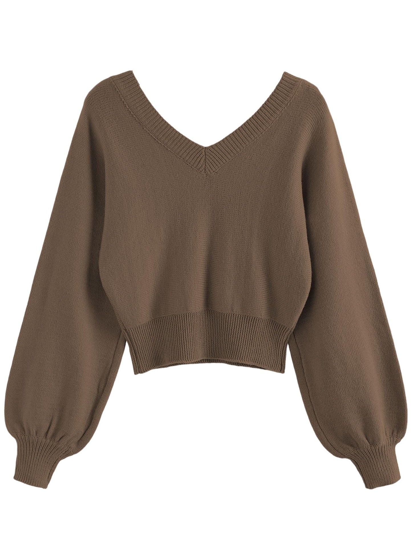 ZAFUL Women's Cropped Sweater V-Neck Long Sleeve Crop Sweater Pullover Jumper Knit Top (1-Light Coffee, M)