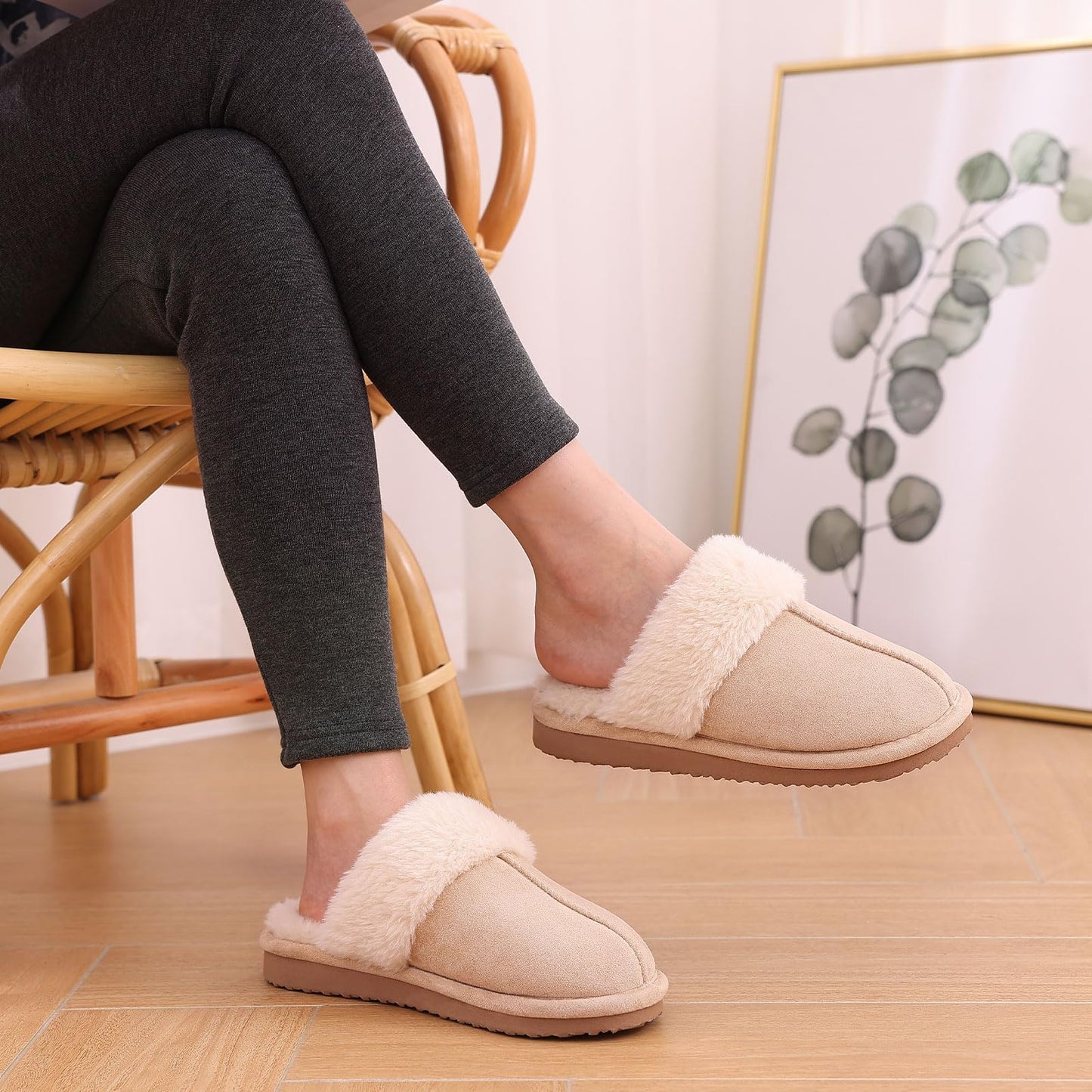 Litfun Women's Fuzzy Memory Foam Slippers Fluffy Winter House Shoes Indoor and Outdoor, Apricot 8-8.5