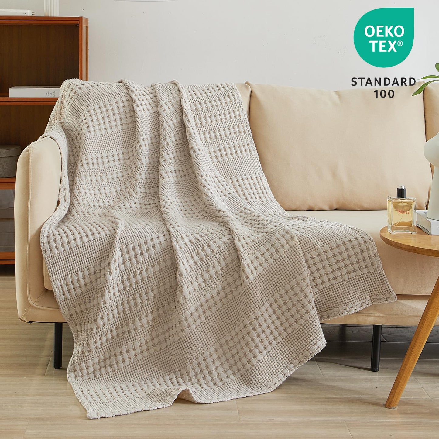 PHF 100% Cotton Waffle Weave Throw Blanket - Lightweight Washed Cotton Throw Blanket for Spring & Summer - 50"x60" Aesthetic Breathable and Skin-Friendly Blanket for Room Decor & Office - Oatmeal