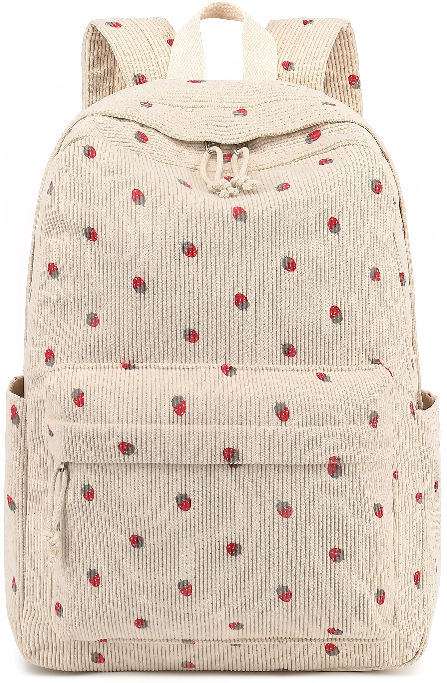 School Backpack for Teen Girls Bookbags Elementary High School Corduroy Laptop Bags Women Travel Daypacks (Strawberry Beige)