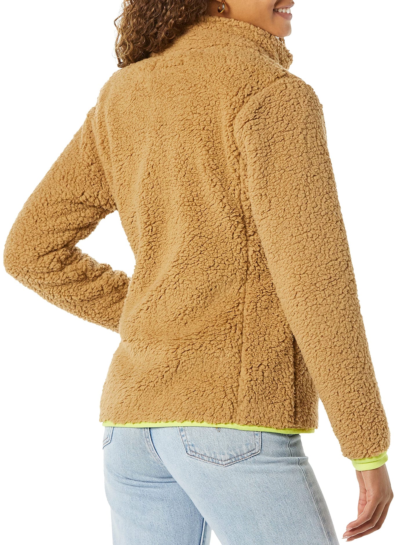 Amazon Essentials Women's Sherpa Long-Sleeve Mock Neck Full-Zip Jacket with Woven Trim (Available in Plus Size), Camel Neon Yellow Color Block, X-Large