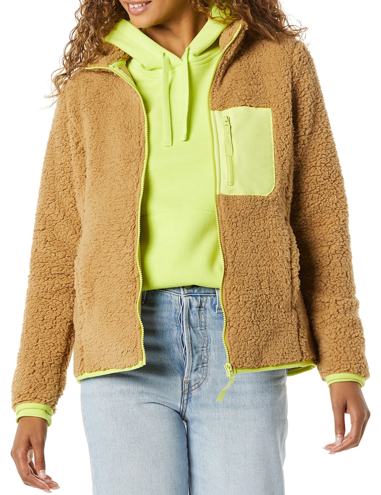 Amazon Essentials Women's Sherpa Long-Sleeve Mock Neck Full-Zip Jacket with Woven Trim (Available in Plus Size), Camel Neon Yellow Color Block, X-Large