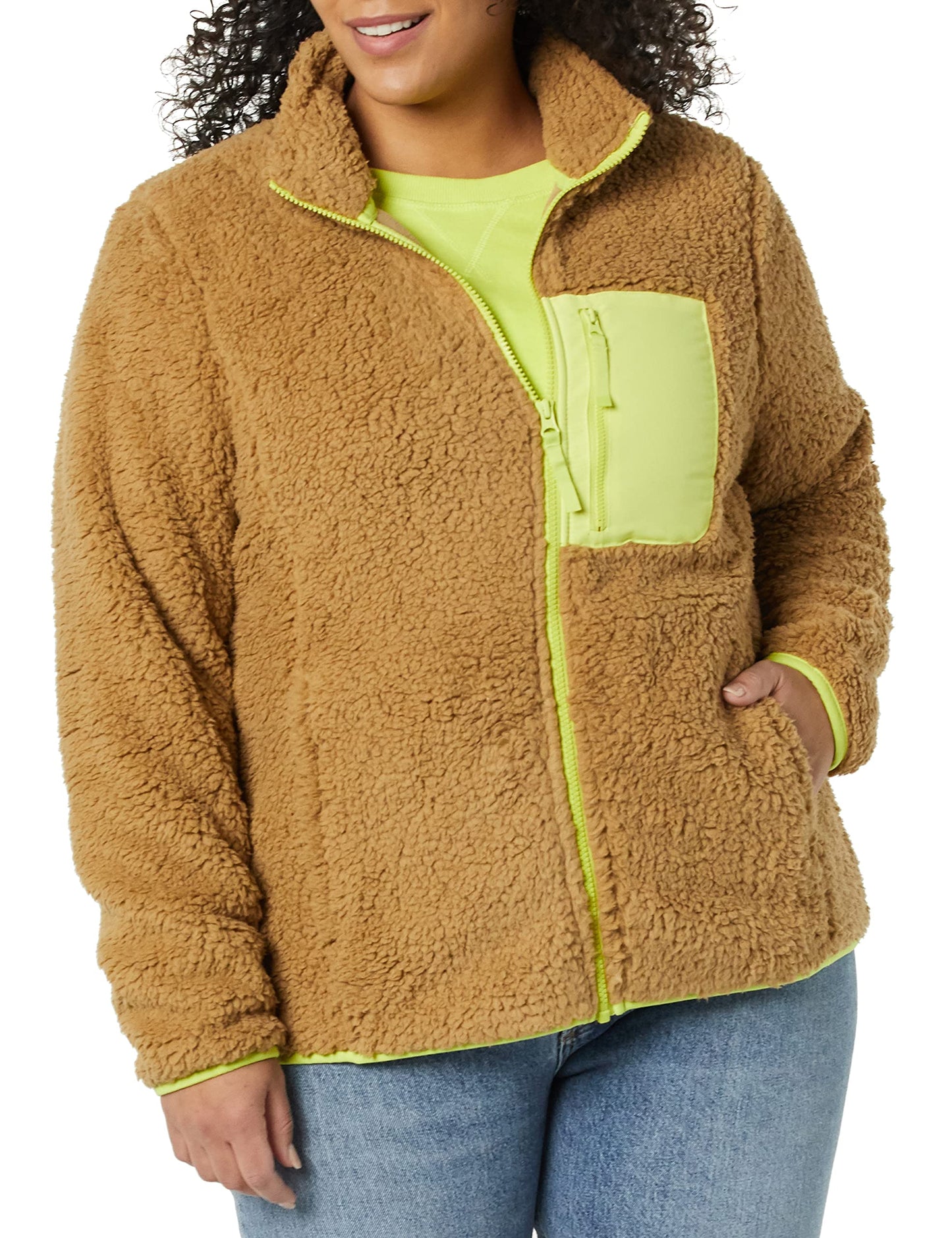 Amazon Essentials Women's Sherpa Long-Sleeve Mock Neck Full-Zip Jacket with Woven Trim (Available in Plus Size), Camel Neon Yellow Color Block, X-Large